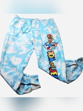 Tom & Jerry Joggers Womens XL Blue Tie Dye Drawstring Sweatpants Pockets Lounge